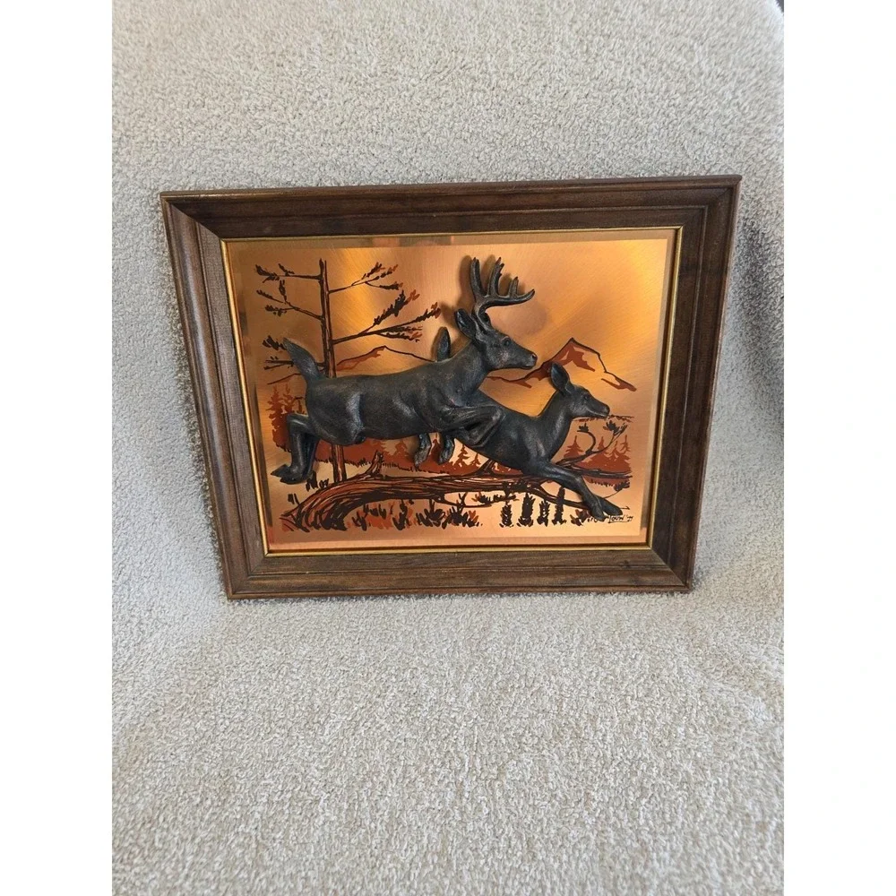 Vintage Signrd John Louw 70s Copper Raised Relief Buck & Doe Leaping Framed